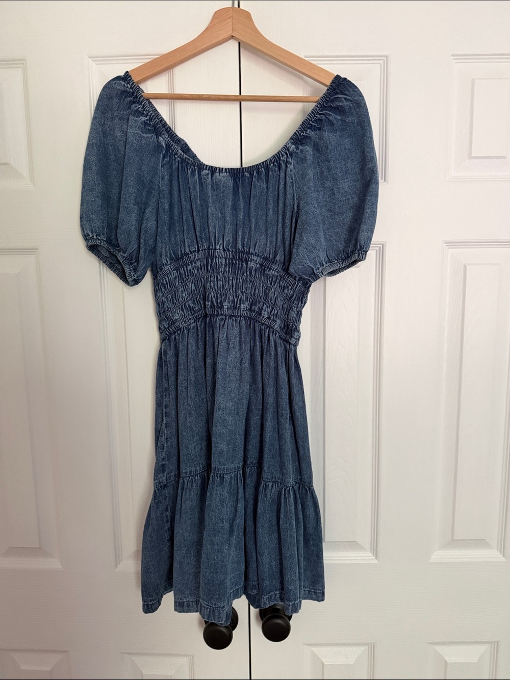 GAP Denim Blue Puff-Sleeve Smocked Mini Dress - Picture 6 of 6